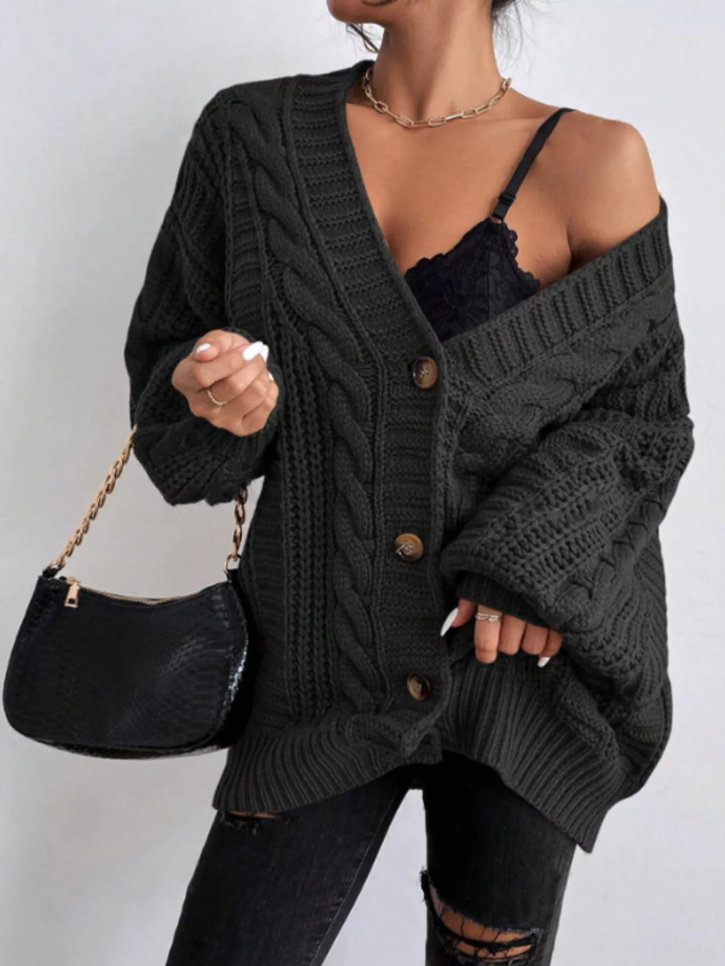 Cable Knit V-Neck Button-Down Cardigan