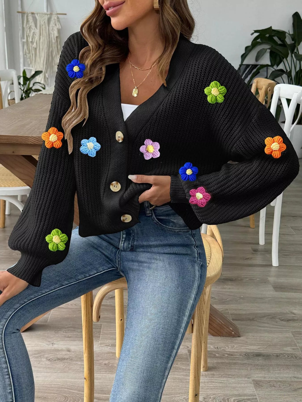 3D Floral Appliques Button Up Cardigan