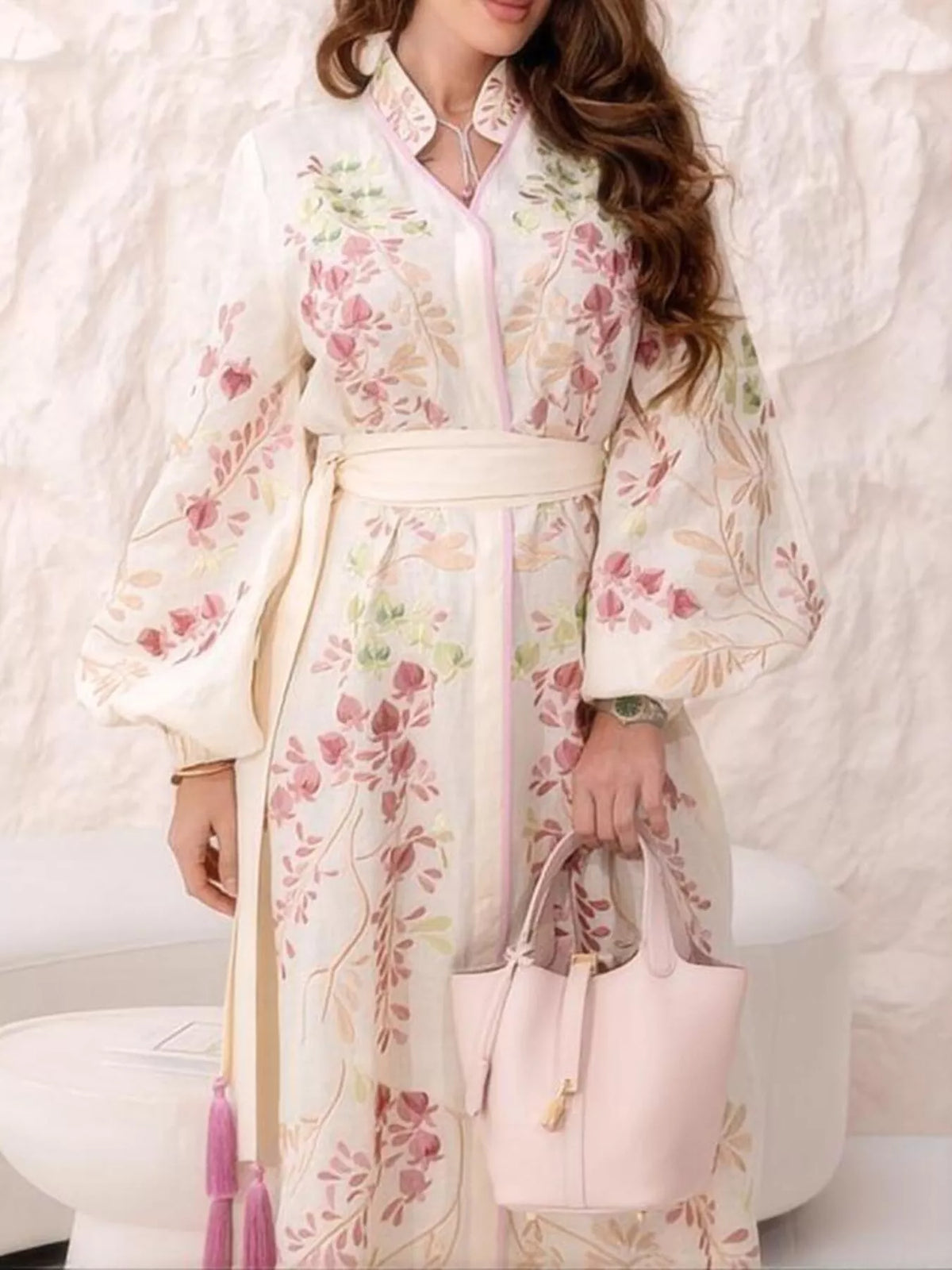 Floral Tie Waist Long-Sleeve Maxi Dress