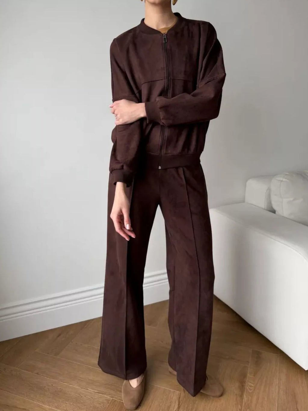 Zip Up Sweatshirt and Wide-Leg Pants Set