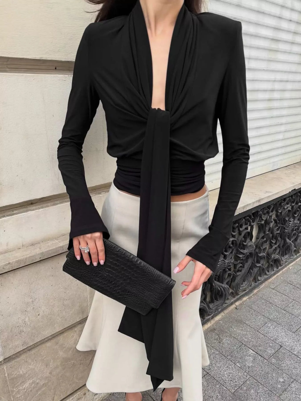 Front Tie Detail Flare Sleeve Blouse