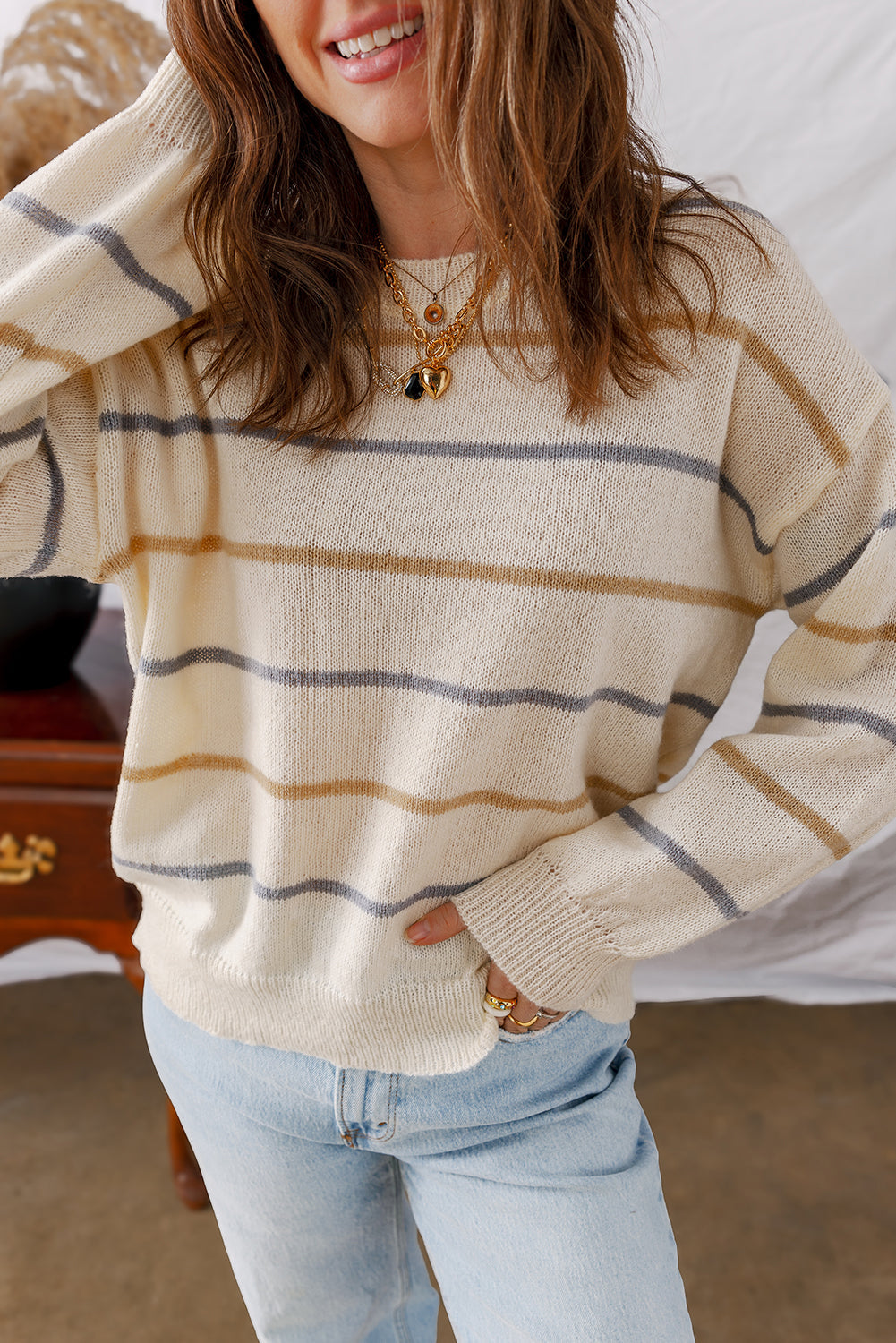 Stripe Ribbed Trim Drop Shoulder Sweater