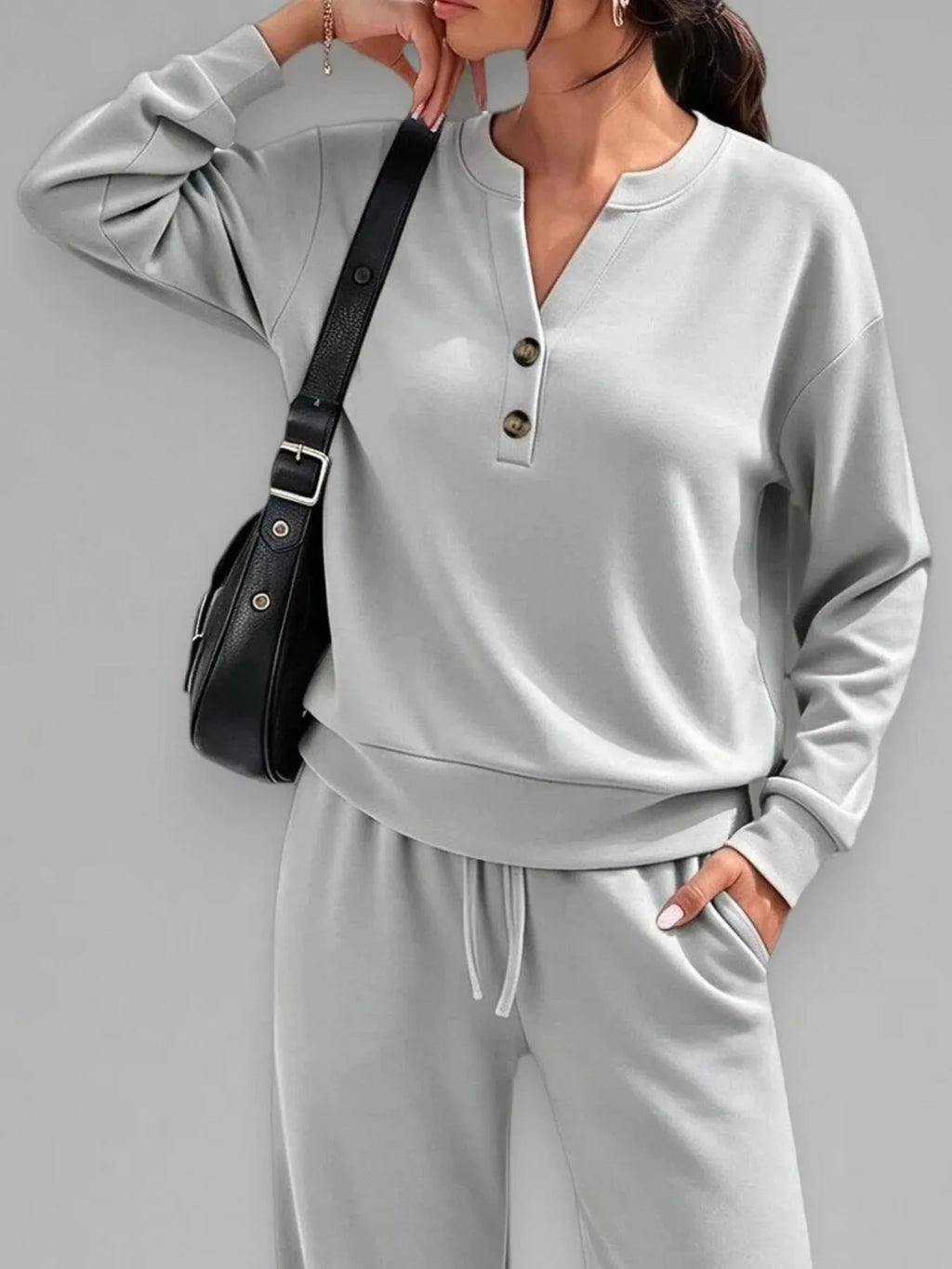 Button Detail Dropped Shoulder Top and Pants Set