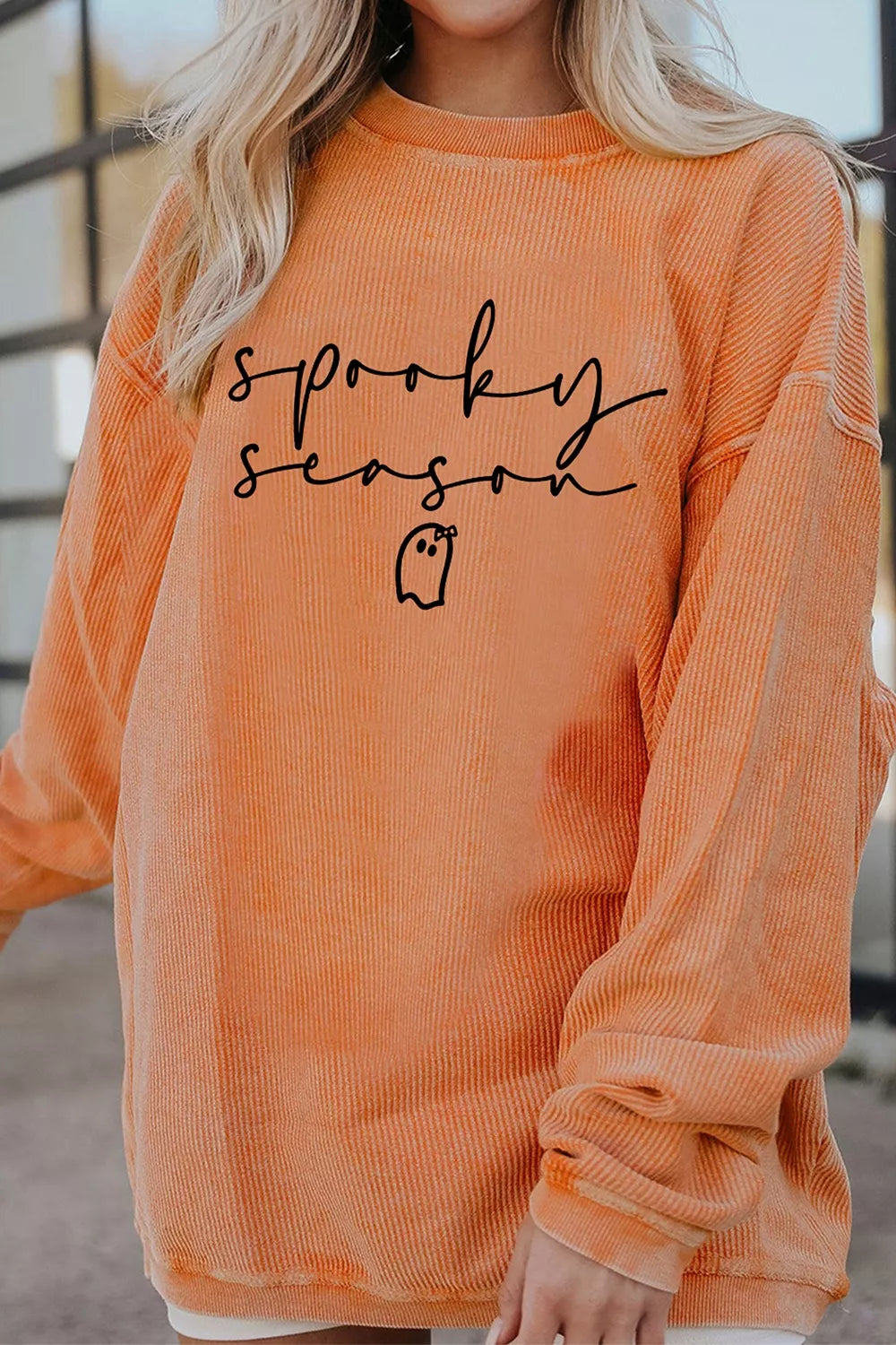 Spooky Season Ghost Letter Cozy Ribbed Pullover Sweatshirt