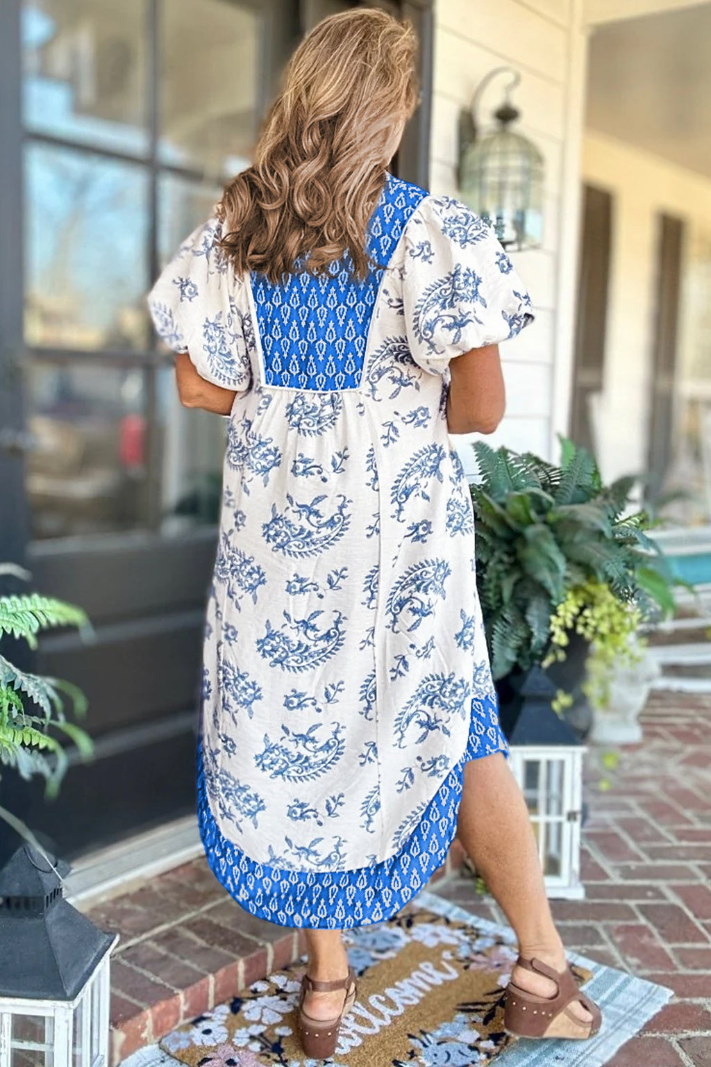Sky Blue Plus Size Floral Print Contrast Boho Patchwork V Neck Loose Midi Dress