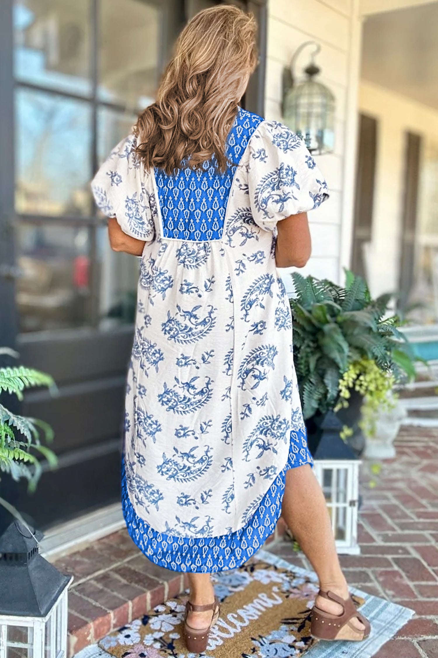 Sky Blue Plus Size Floral Print Contrast Boho Patchwork V Neck Loose Midi Dress