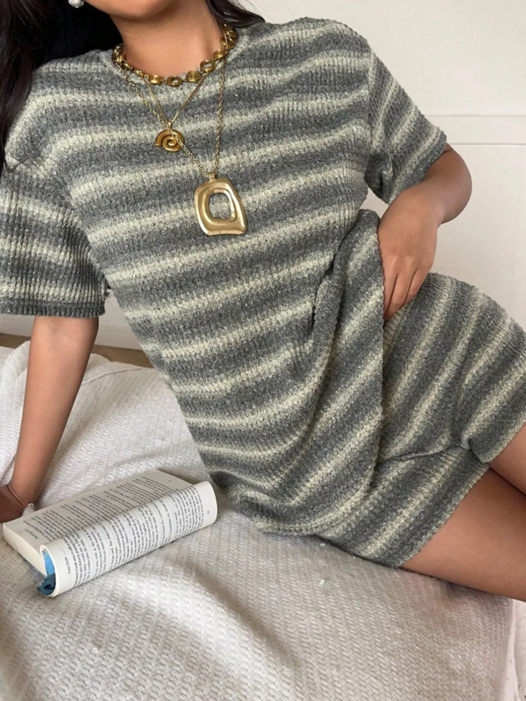 Striped Textured Knit Top and Shorts Set