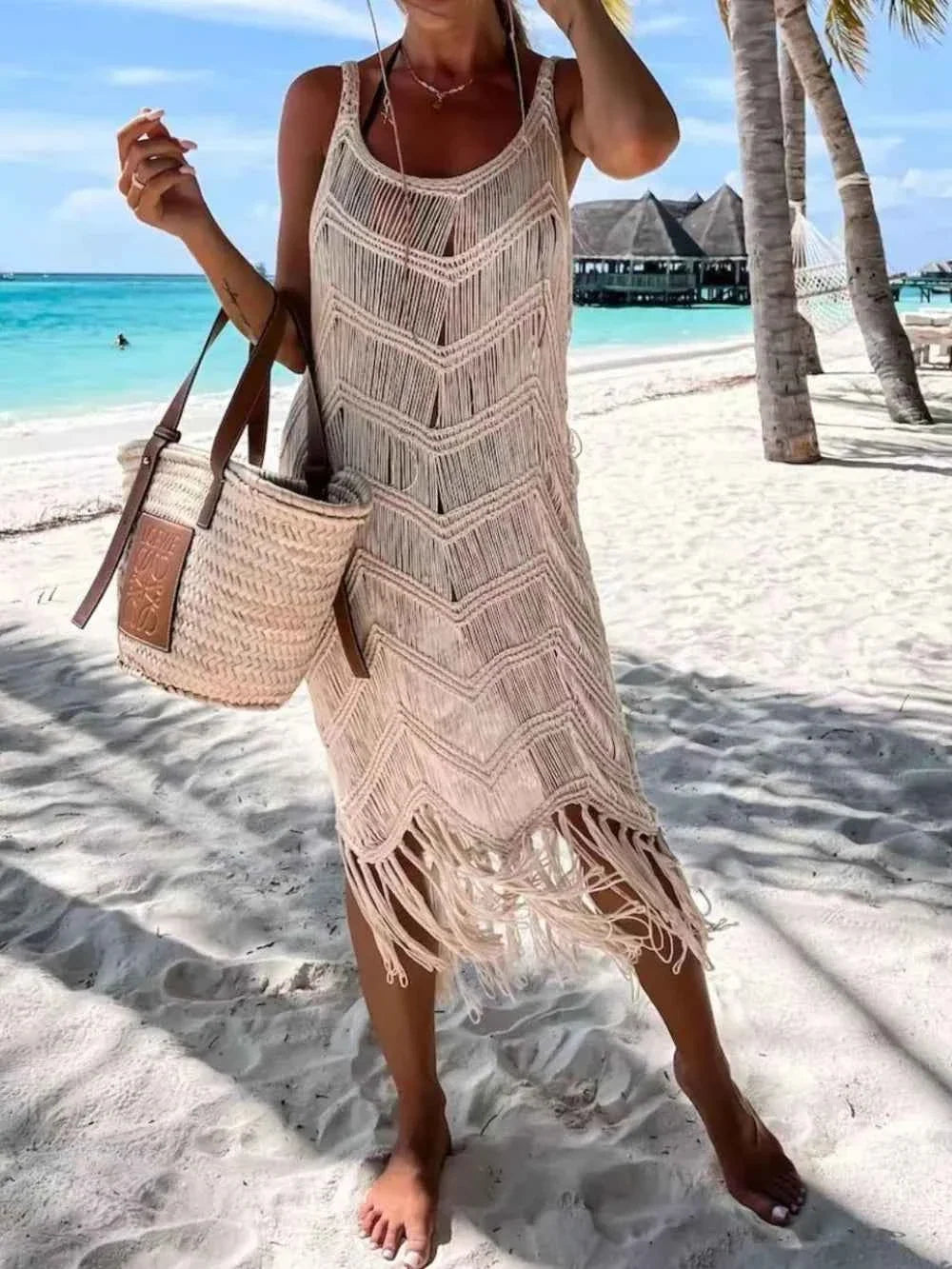 Fringe Scoop Neck Sheer Beach Cover-Up with Macrame Trim