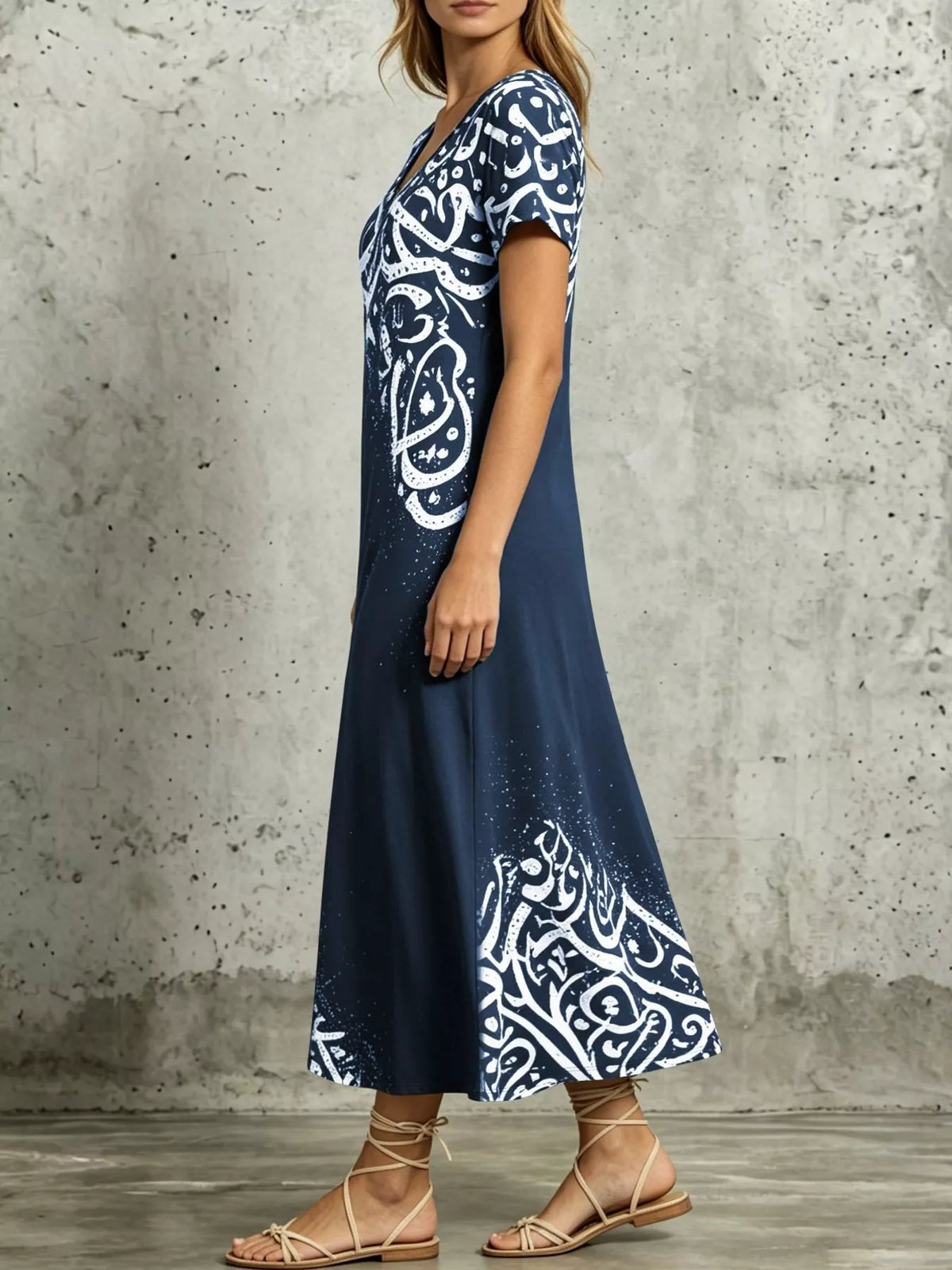 Printed Short Sleeve Midi Dress