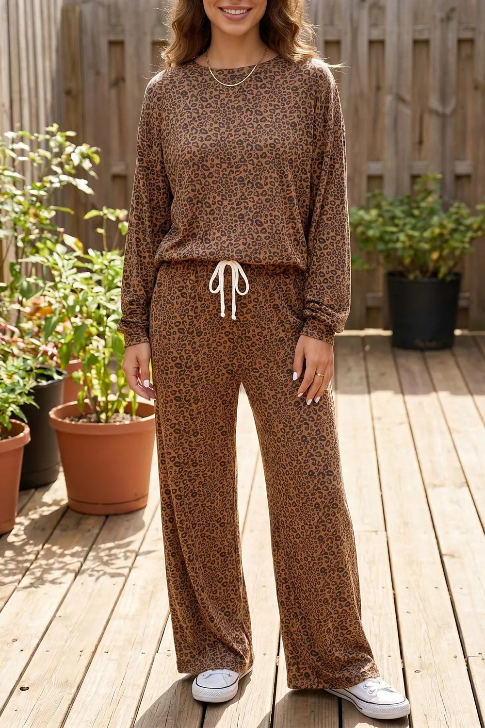 Leopard Print Long Sleeve Top Relaxed Pant Set