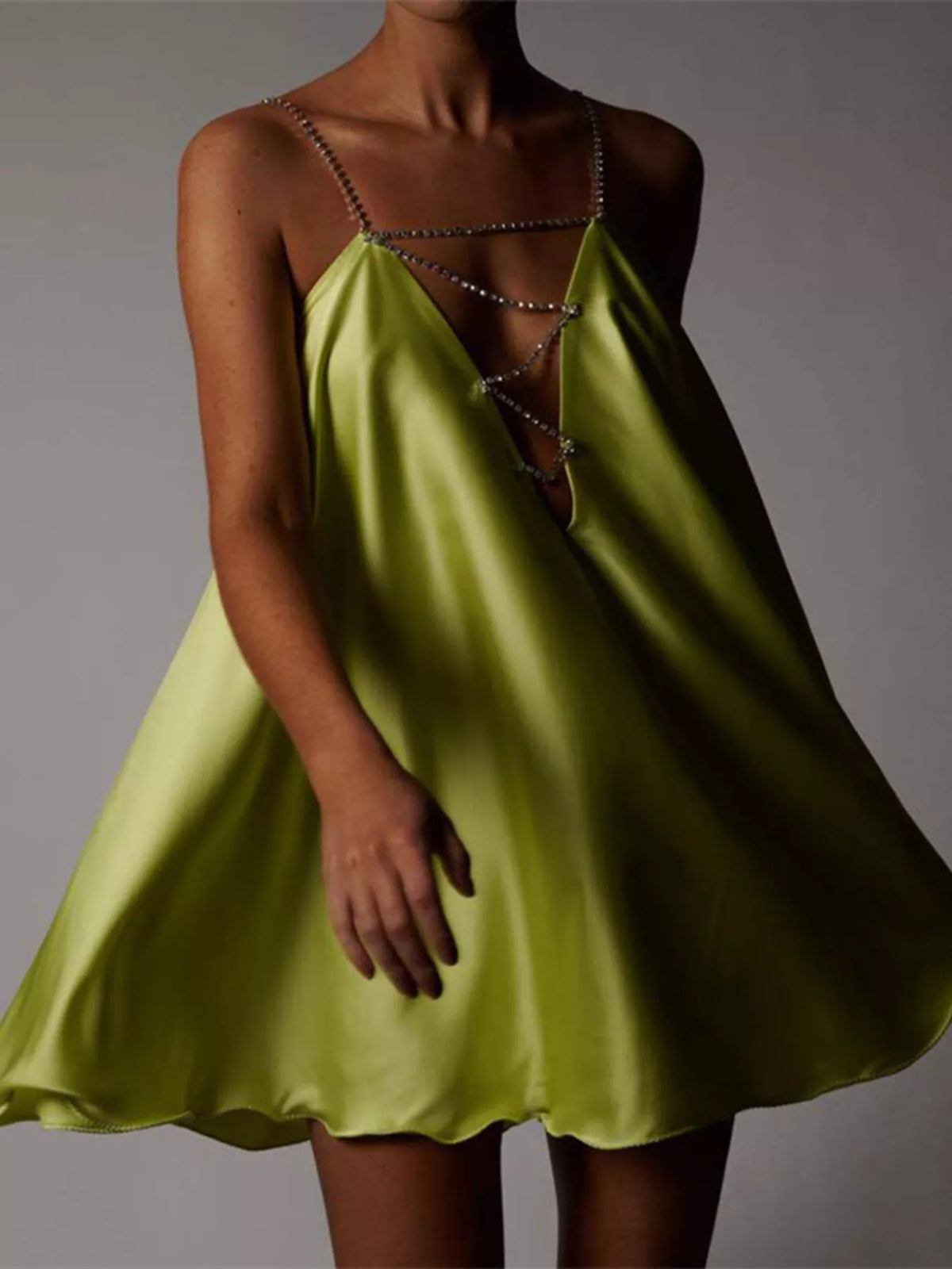 Rhinestone Embellished Plunge Mini Dress