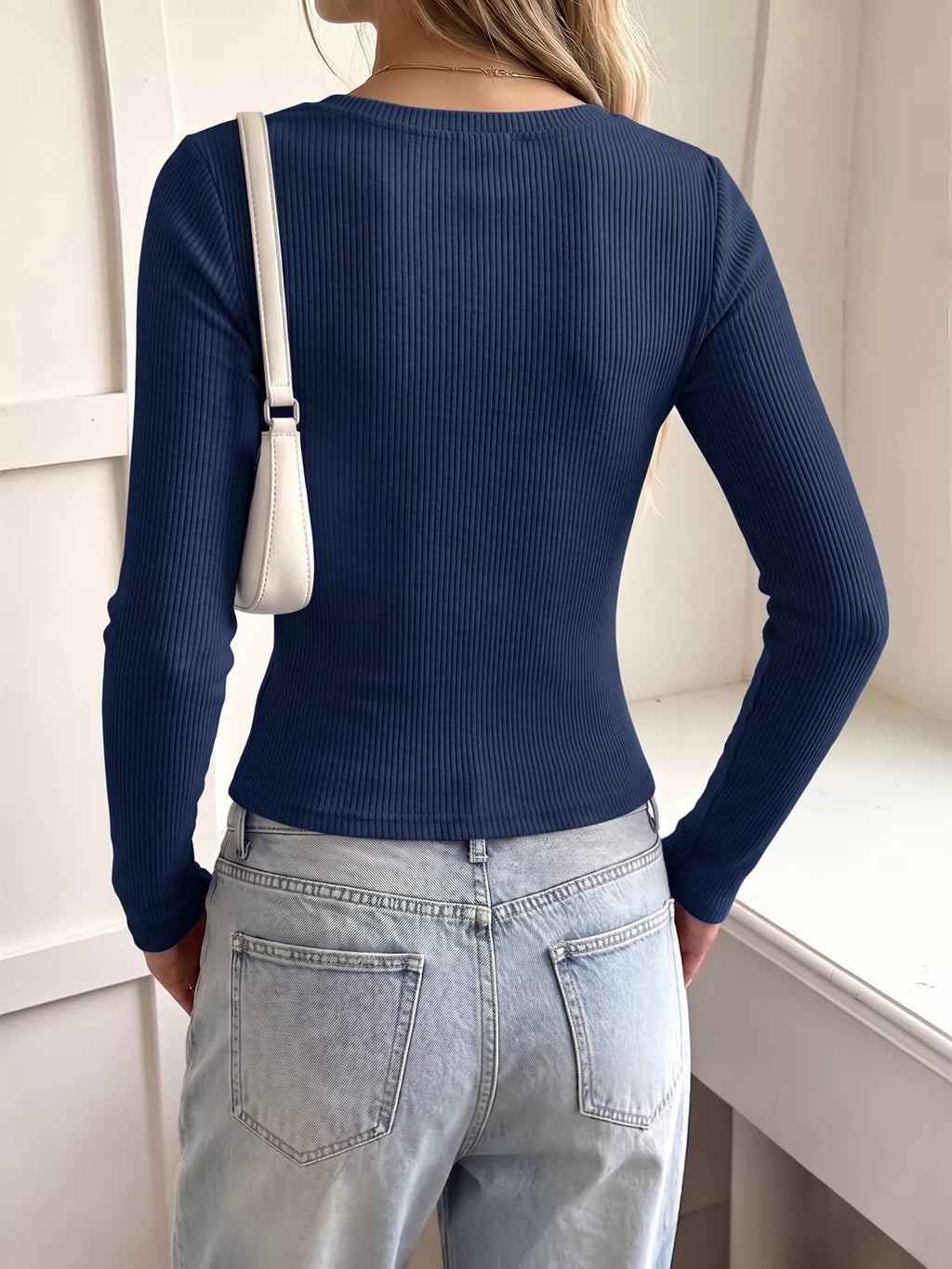 Lace Trim Ribbed Knit Long Sleeve T-Shirt