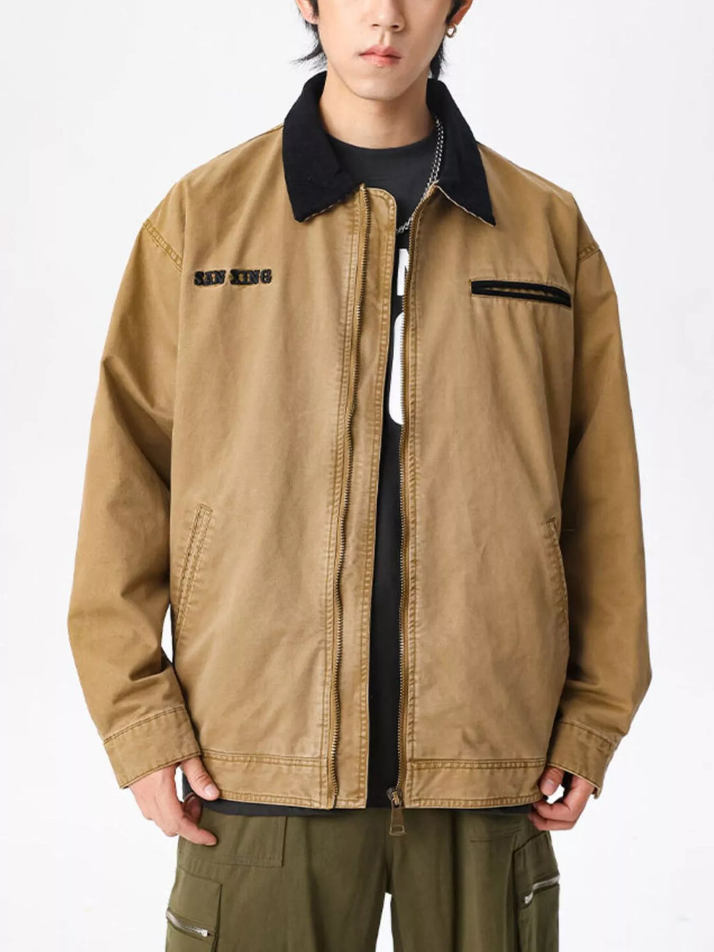 Men's Plus Size Vintage Zipper Front Jacket with Contrast Collar