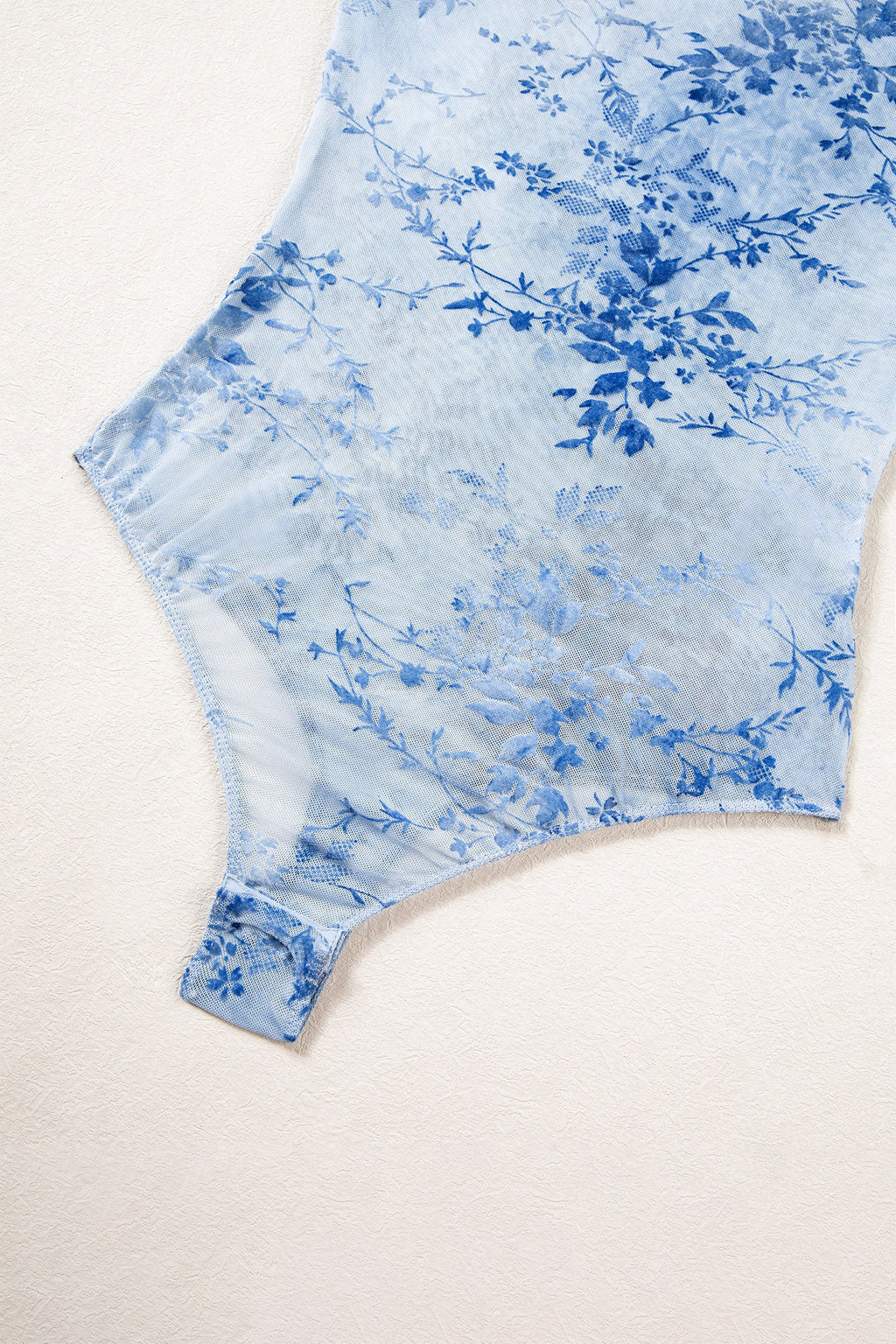 Sky Blue Sheer Mesh Floral Printed Mock Neck Long Sleeve Bodysuit