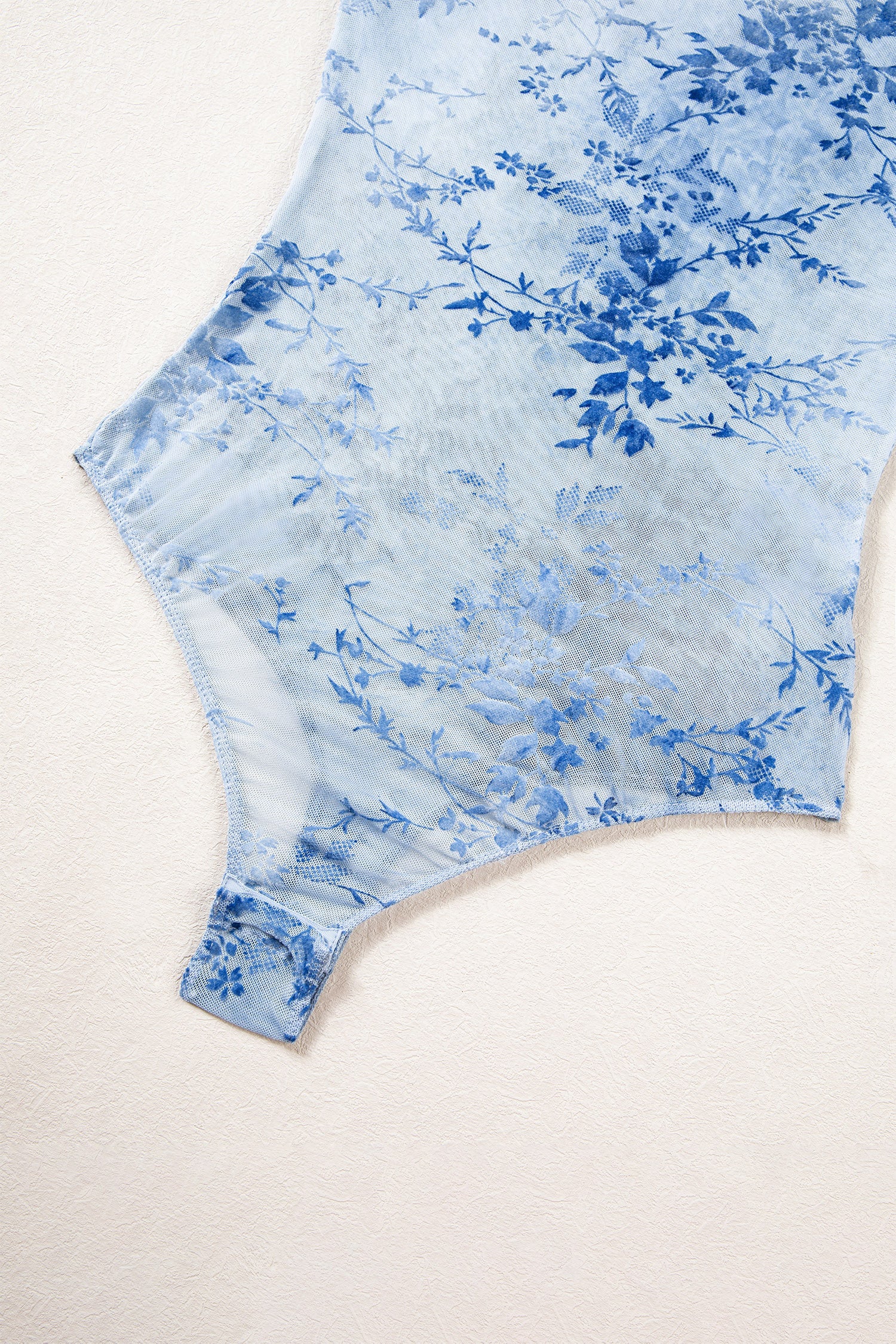 Sky Blue Sheer Mesh Floral Printed Mock Neck Long Sleeve Bodysuit