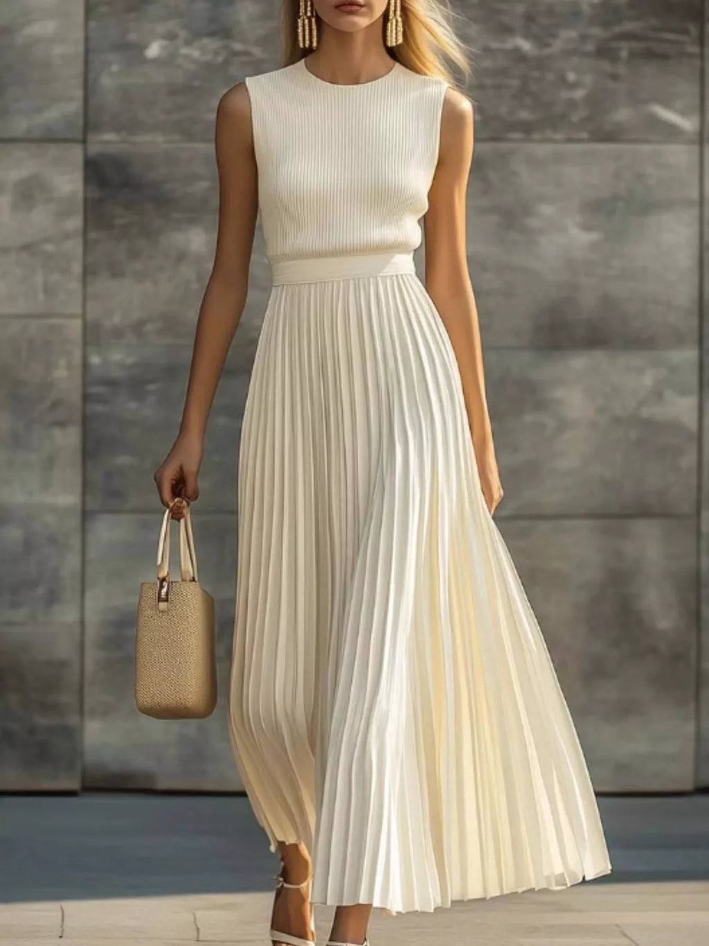 Ribbed Sleeveless Pleated Maxi Dress
