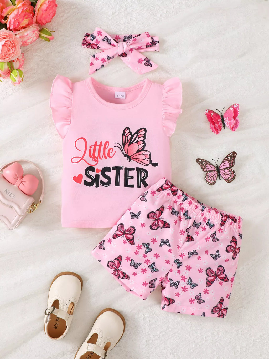 Children's Ruffled Butterfly T-Shirt and Shorts Set with Headband