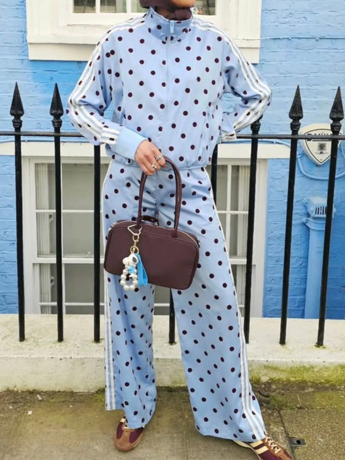 Polka Dot Side Striped Outerwear and Pants Set