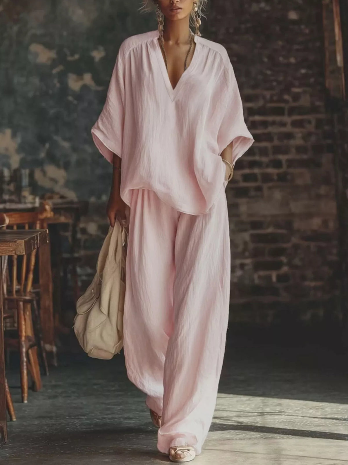 Loose Fit Notched Top and Pants Set