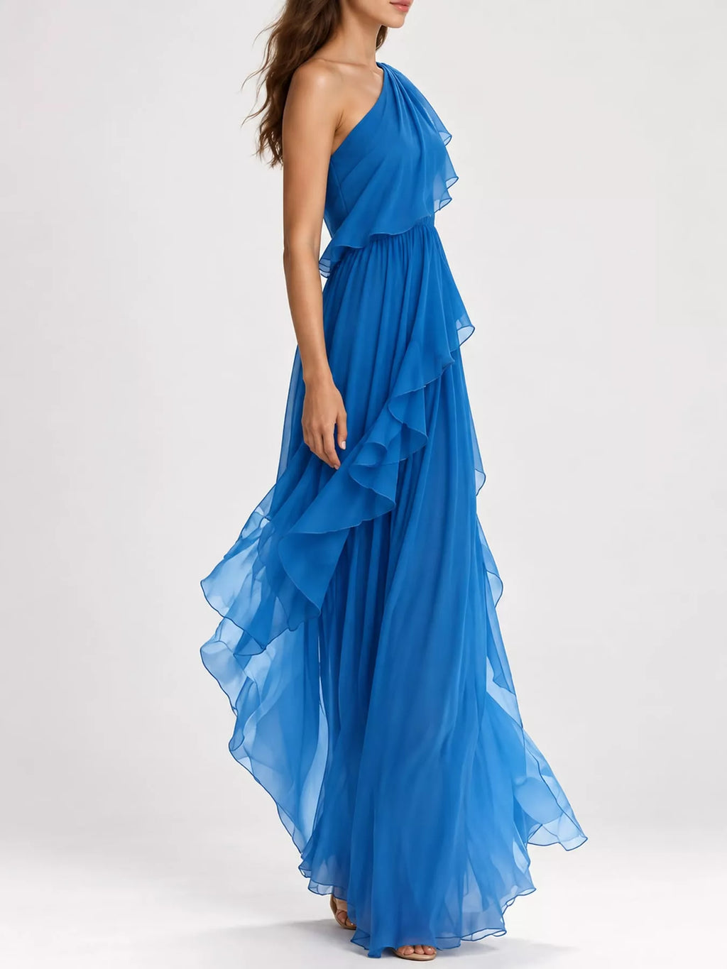 One-Shoulder Ruffled Chiffon Maxi Dress