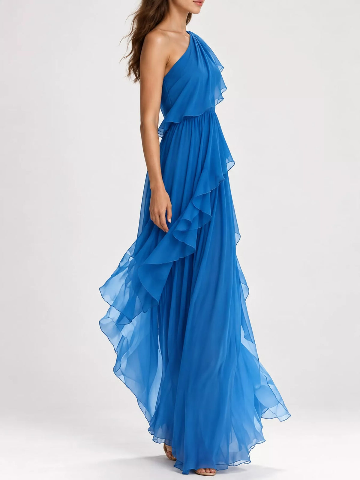 One-Shoulder Ruffled Chiffon Maxi Dress