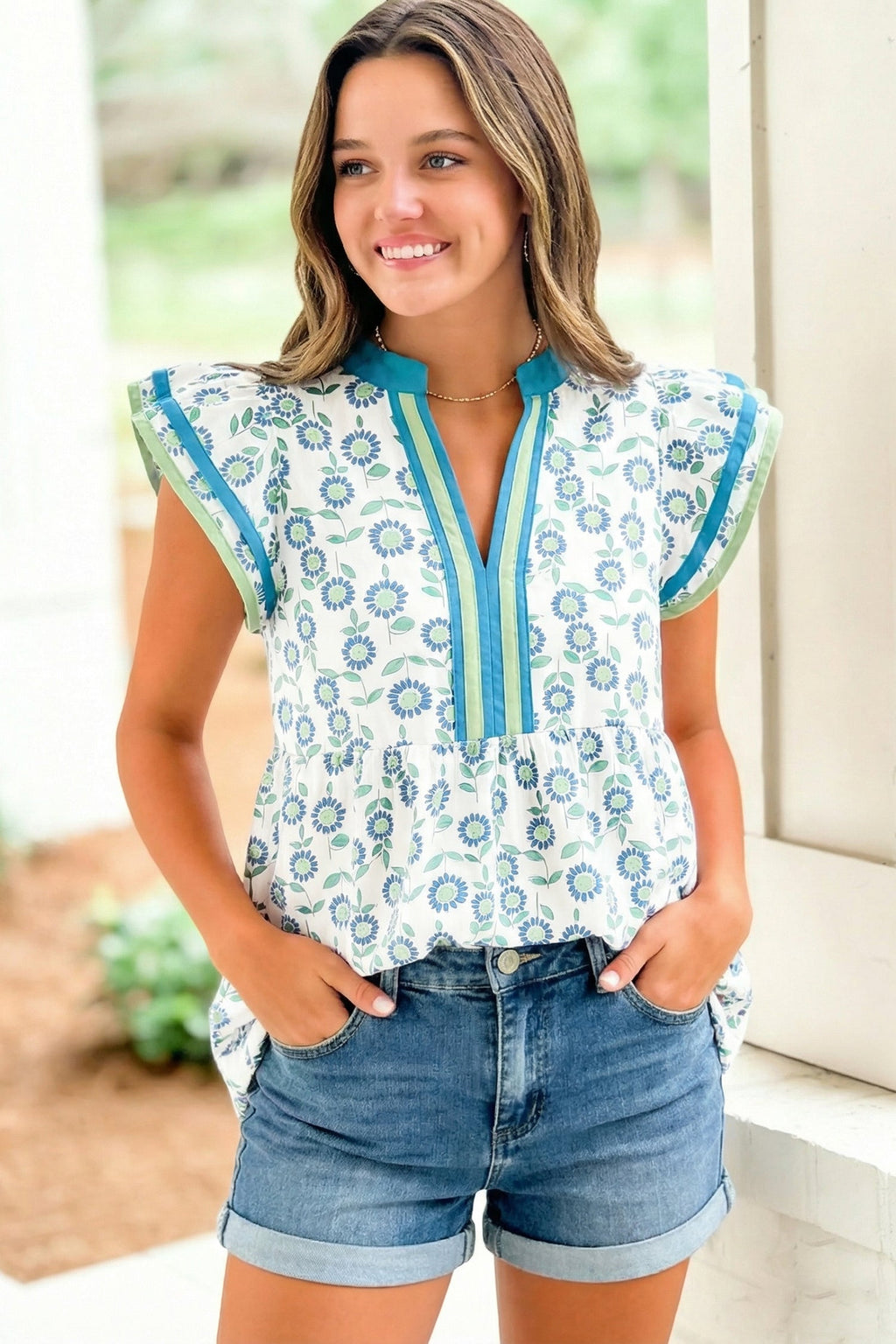 Green Sunflower Printed Contrast Trim V Neck Flutter Sleeve Blouse