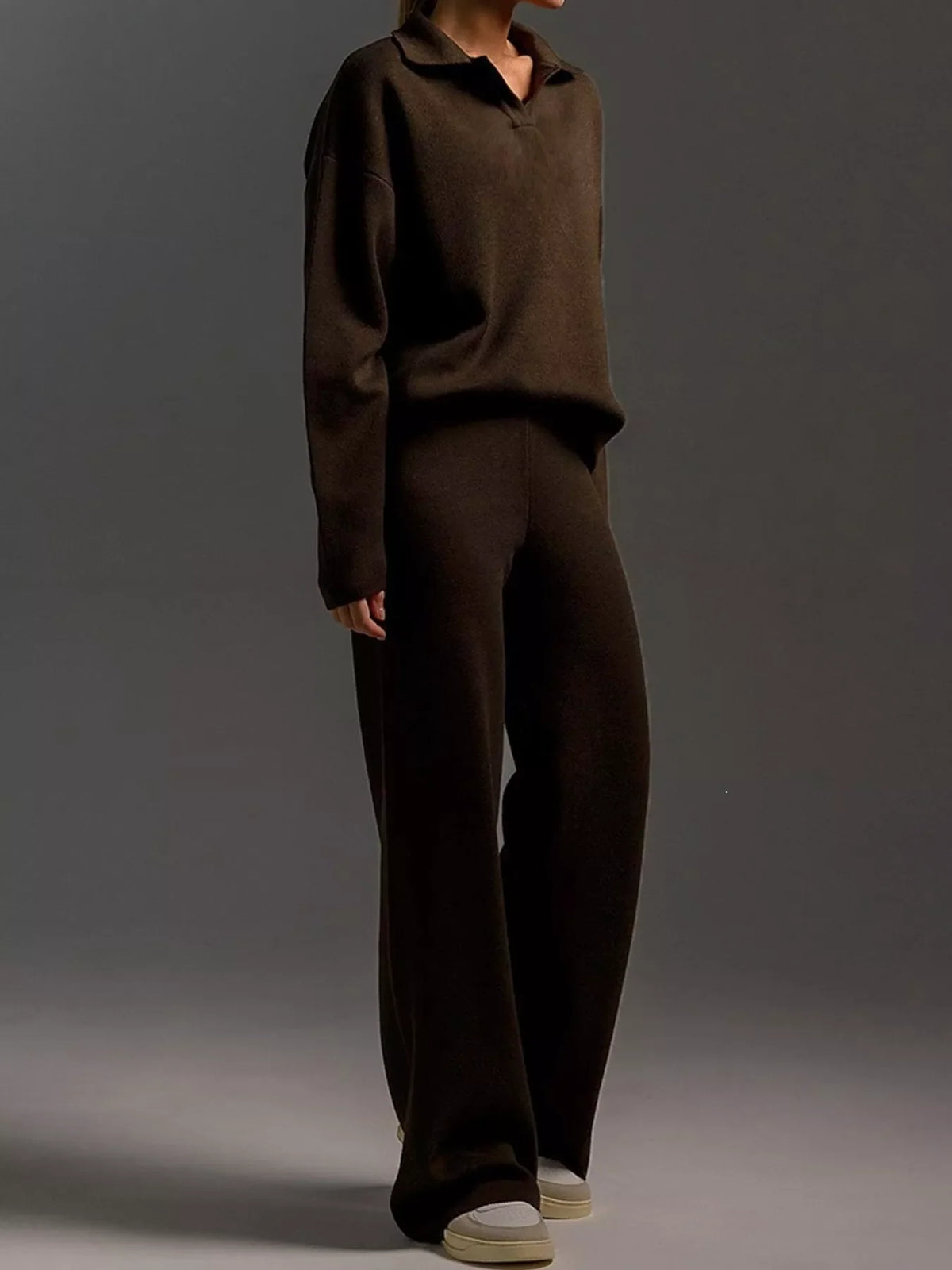 Polo Collar Top and Wide-Leg Pants Set