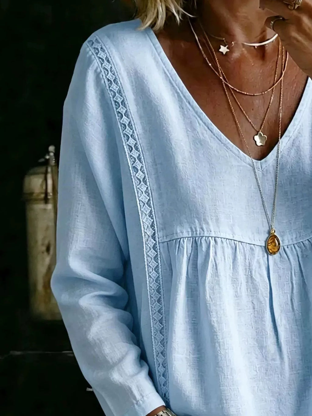 Full Size V-Neck Lace Trimmed Long Sleeve Blouse Plus Size