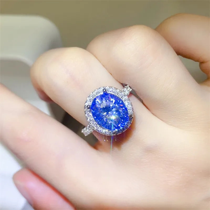 5 Carat Oval Moissanite Blue Halo Ring in 925 Sterling Silver