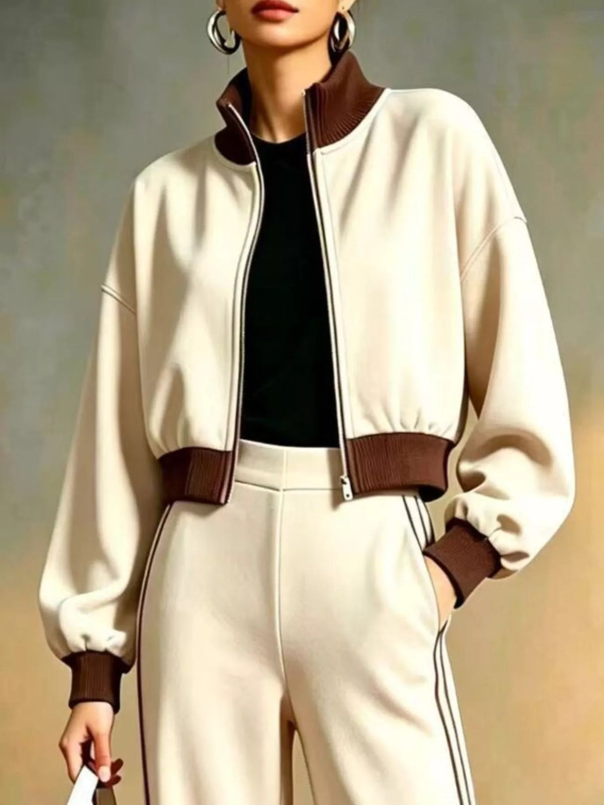 Contrast Ribbed Jacket and Wide-Leg Pants Tracksuit Set