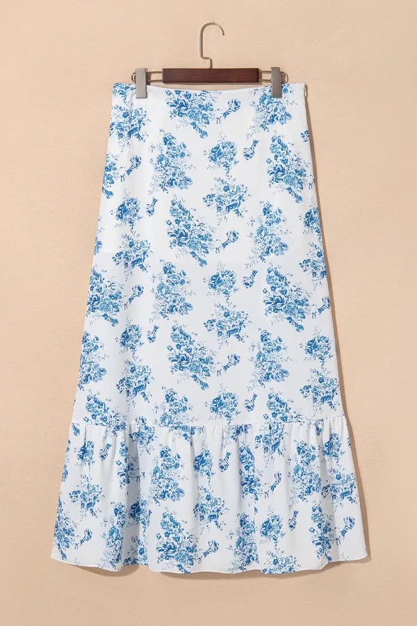 Asymmetrical Ruffle Printed Skirt with Split Hem