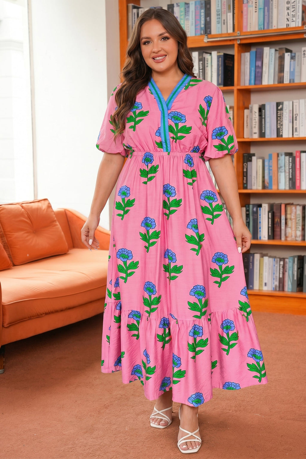 Pink Plus Size Striped V Neck Ruffled Floral Long Dress