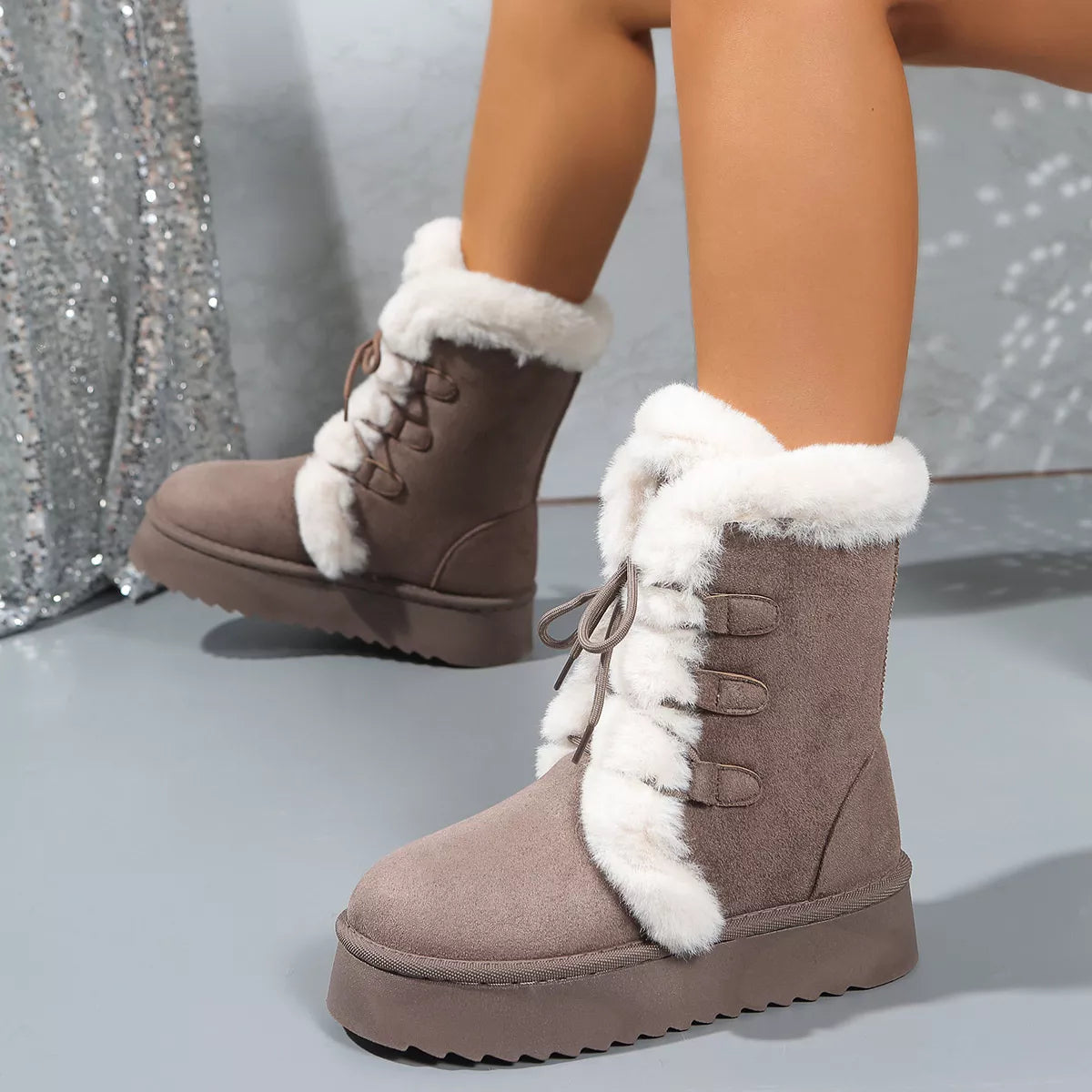 Fuzzy Trim Lace-Up Platform Boots