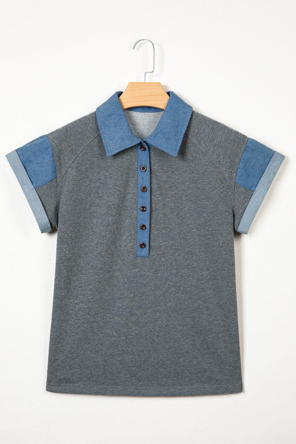 Carbon Grey Denim Color Block Patchwork Shirt Collar Short Sleeve Blouse