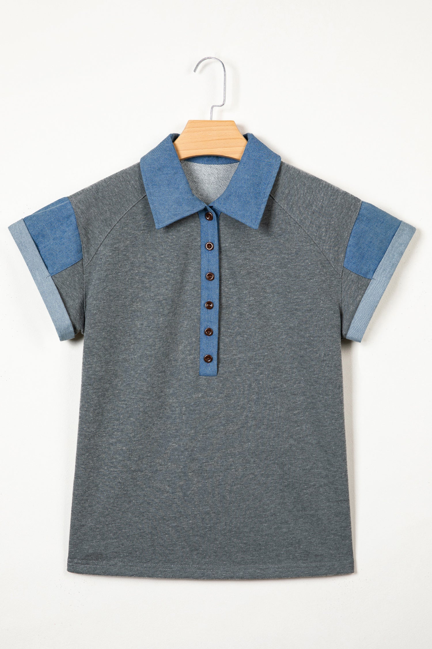 Carbon Grey Denim Color Block Patchwork Shirt Collar Short Sleeve Blouse