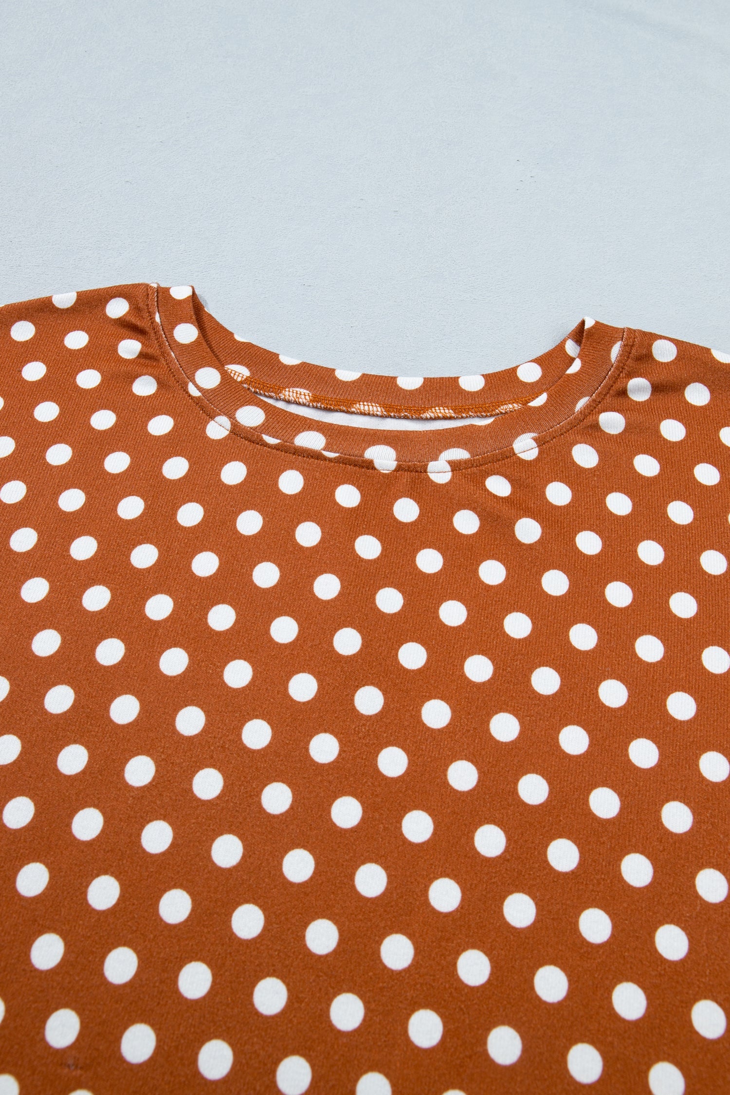 Brown Polka Dot Print Dropped Shoulder Tee Plus Size Short Set