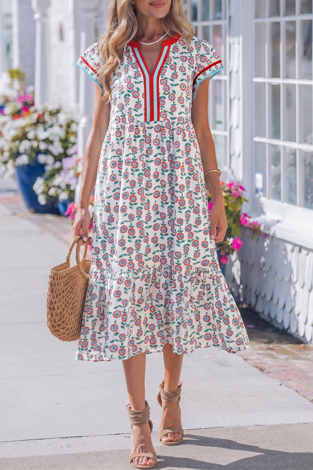 Red Cute Sunflower Printed Striped Patchwork Trim Flutter Sleeve Long Dress