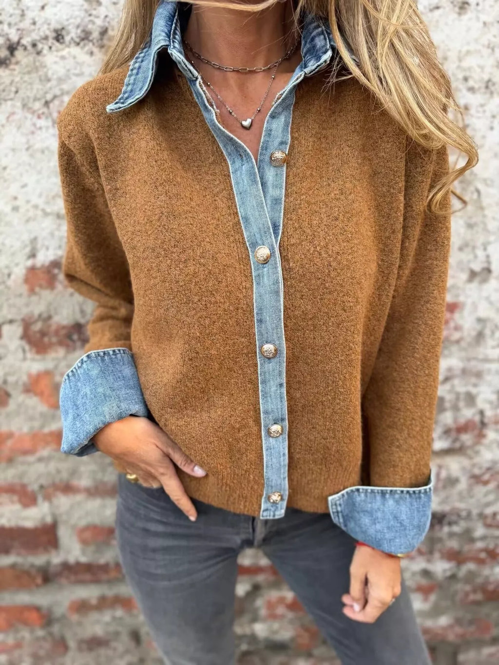 Contrast Denim Trimmed Sweater Cardigan