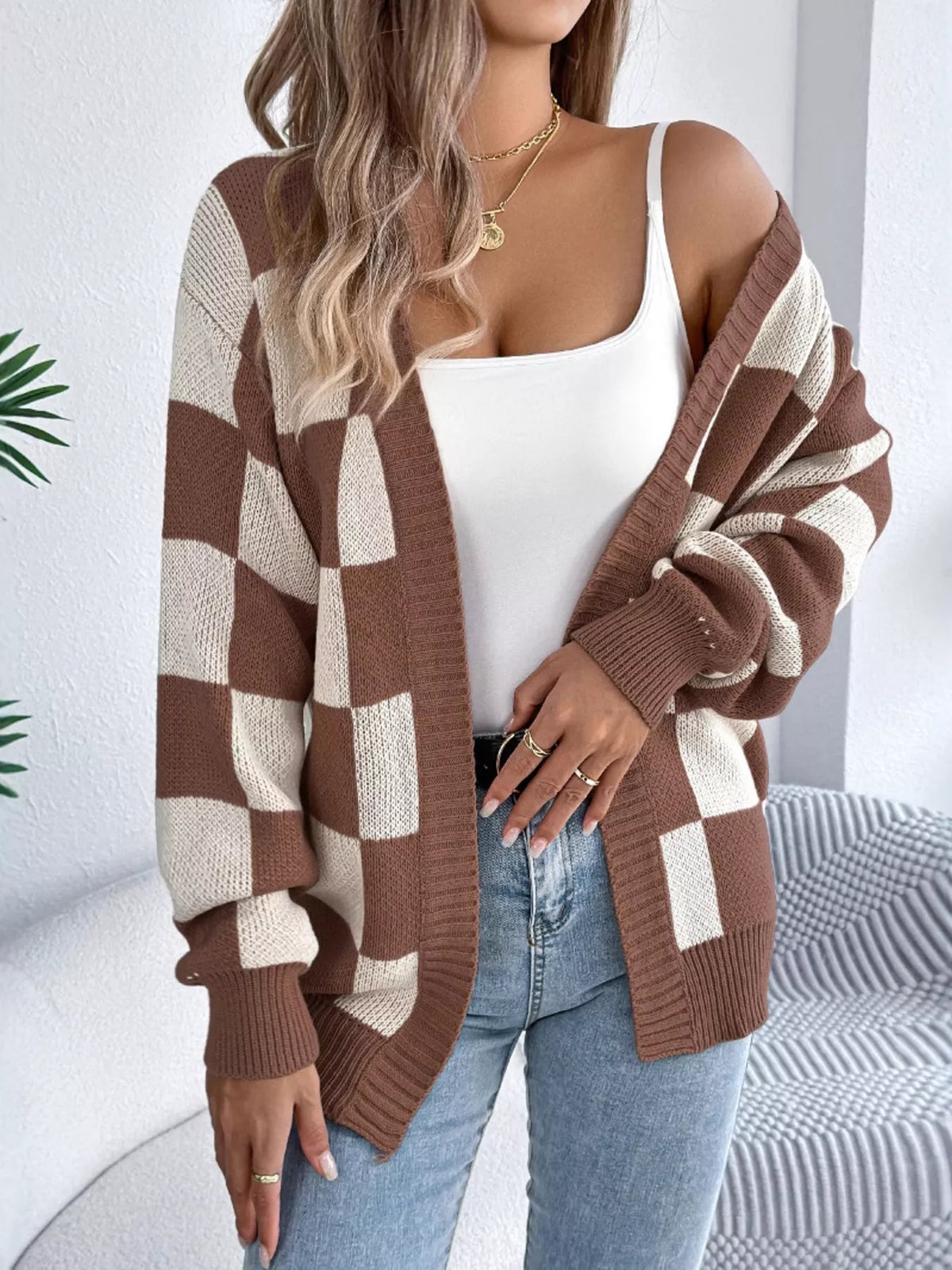 Checkerboard Pattern Open Front Knit Cardigan