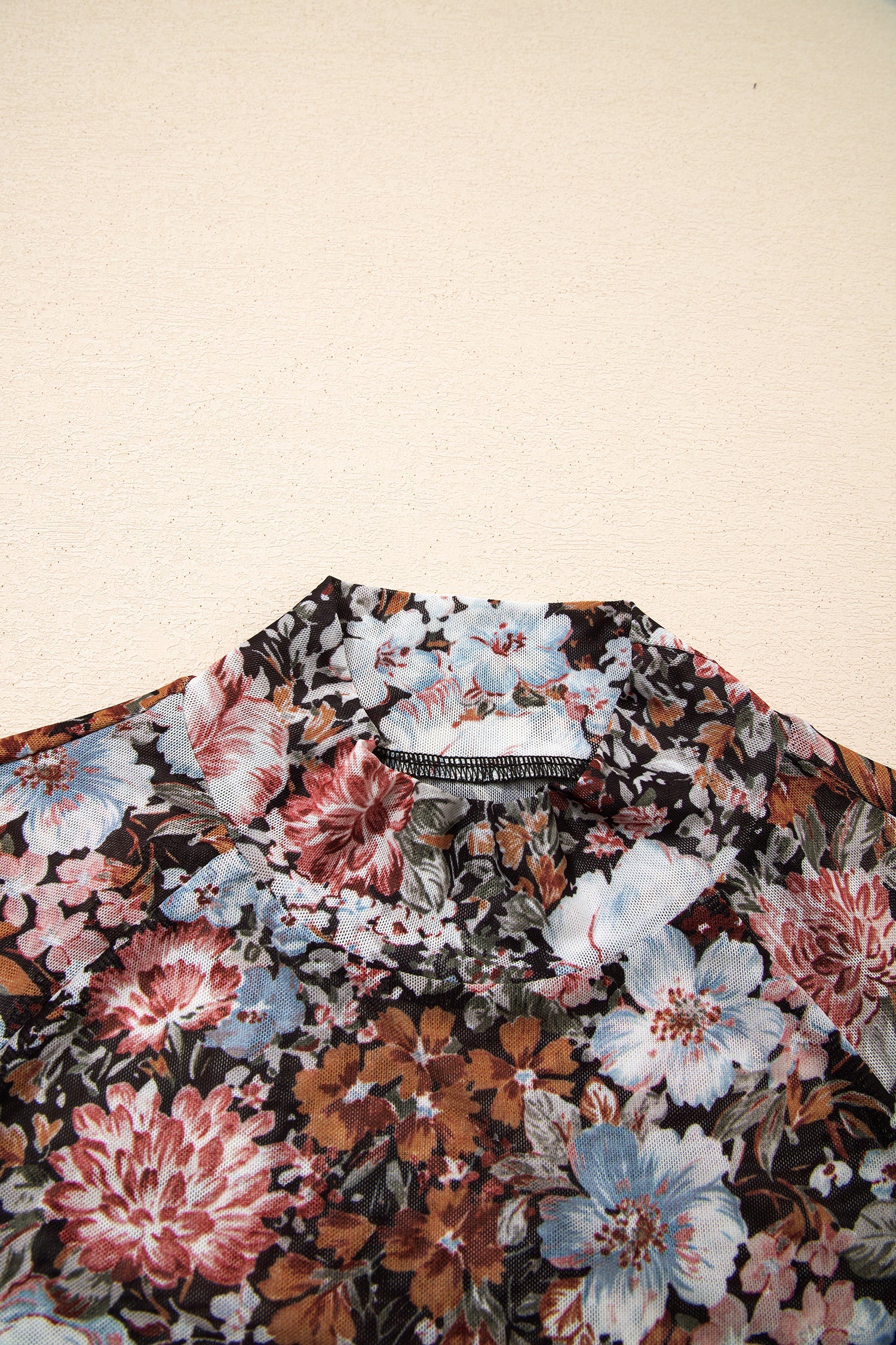 Brown Floral Print High Neck Short Sleeve Mesh Top