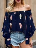 Off-Shoulder Feather Print Blouse with Three-Quarter Sleeves