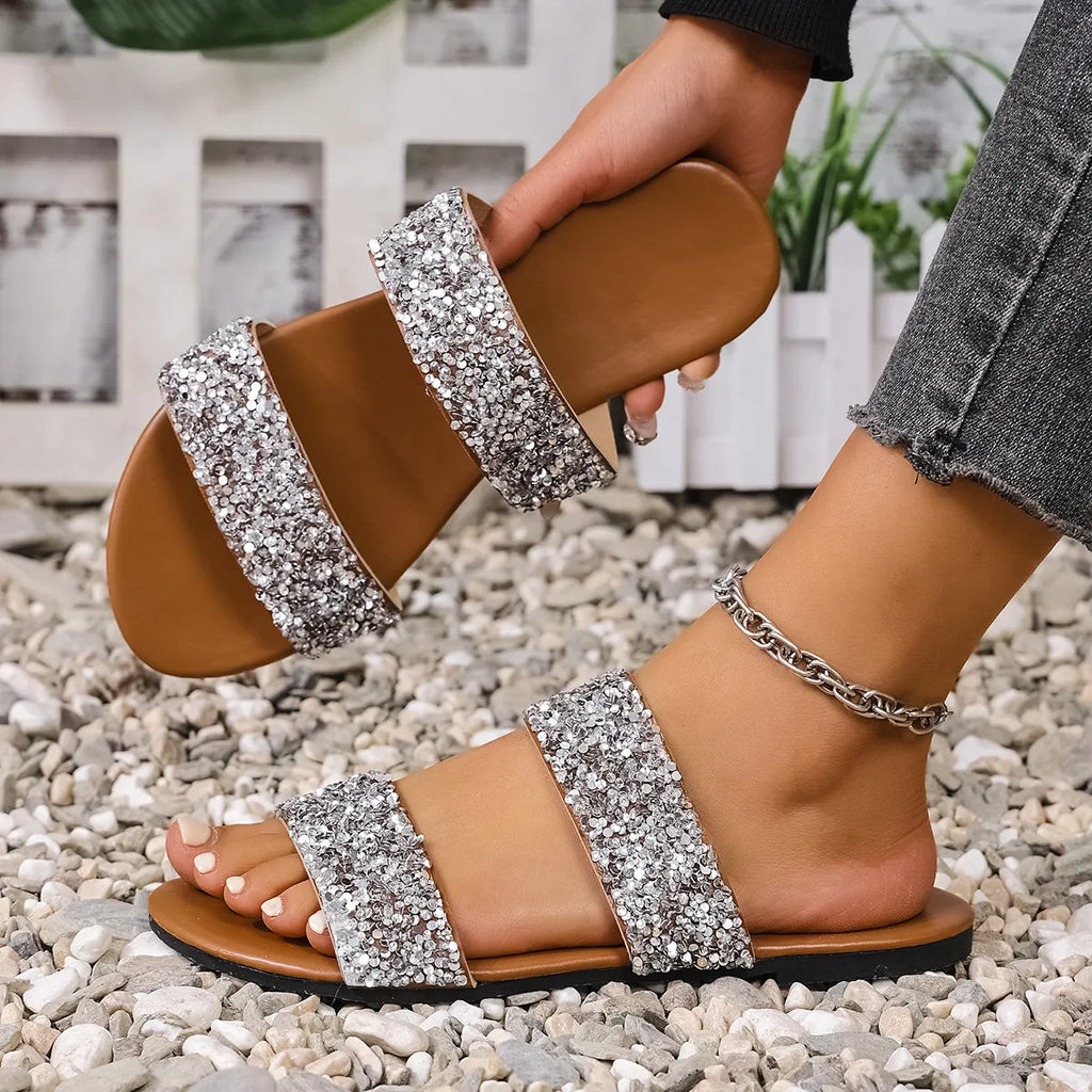 Sequin Open Toe Flats Sandals