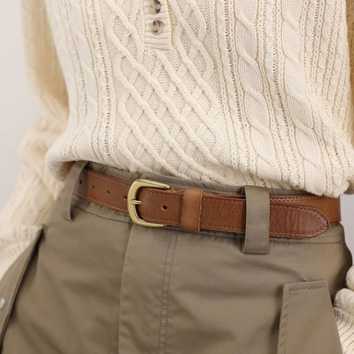 Classic Leather Belt with Golden Buckle