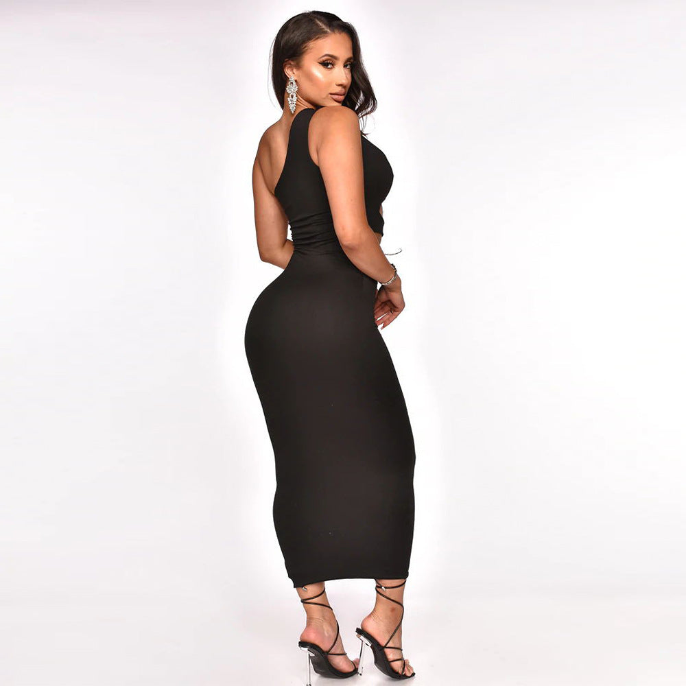 Women Clothing Slant Shoulder Asymmetric Sexy Slim Dress