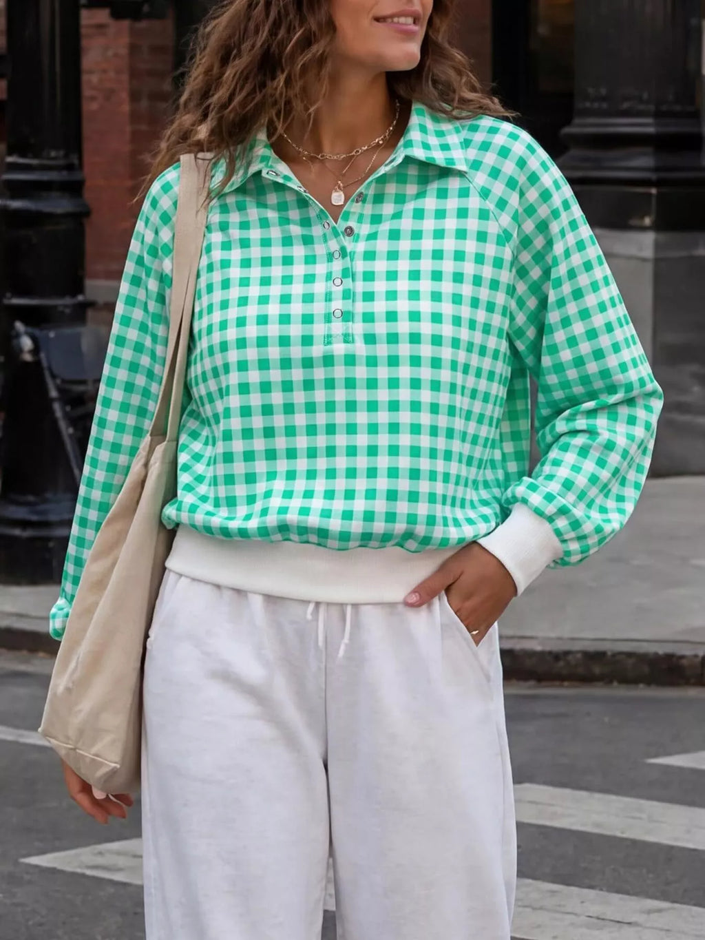 Gingham Plaid Collared Sweatshirt with Ribbed Hem