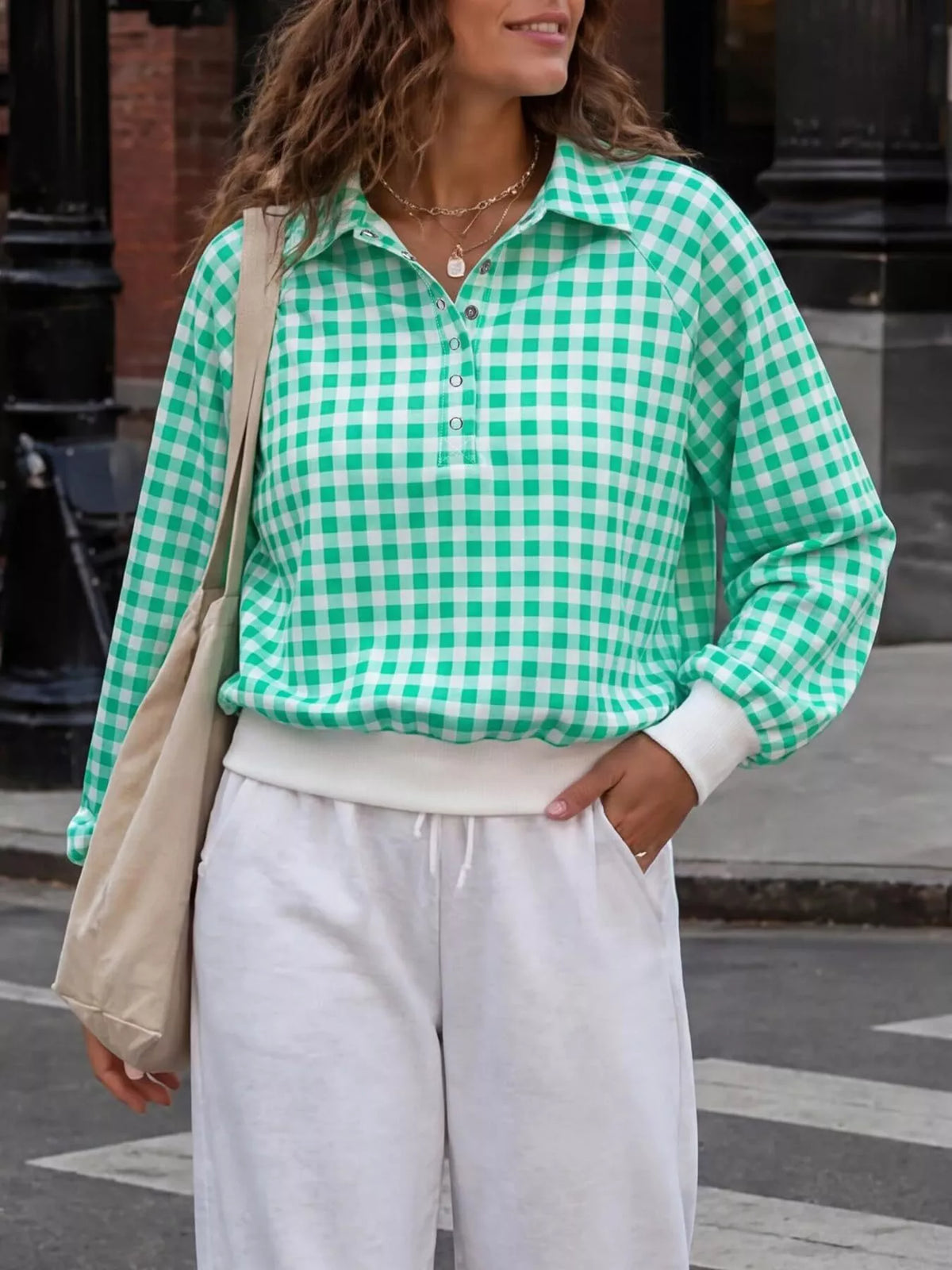Gingham Plaid Collared Sweatshirt with Ribbed Hem