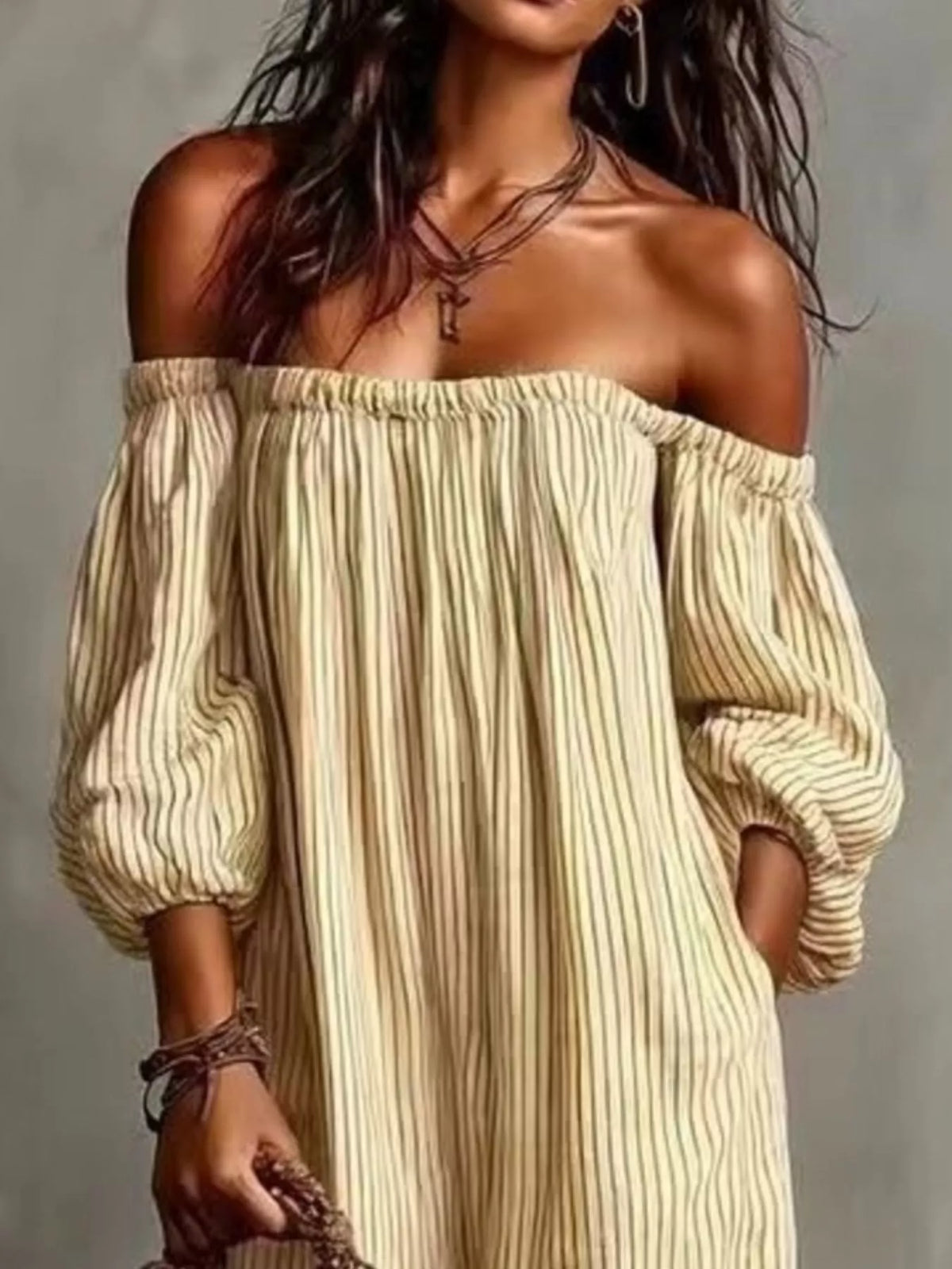 Full Size Off-Shoulder Striped Maxi Dress with Puff Sleeves Plus Size