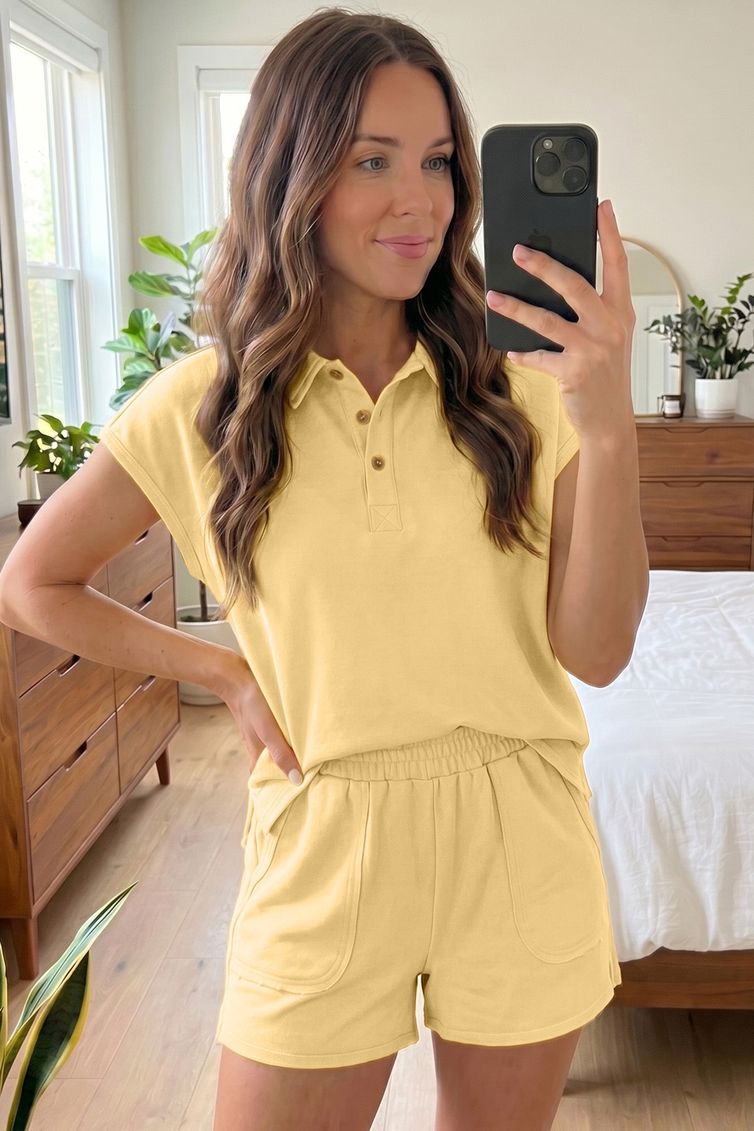 Yellow Cream Loose Polo Tee Elastic Waist 2pcs Short Set