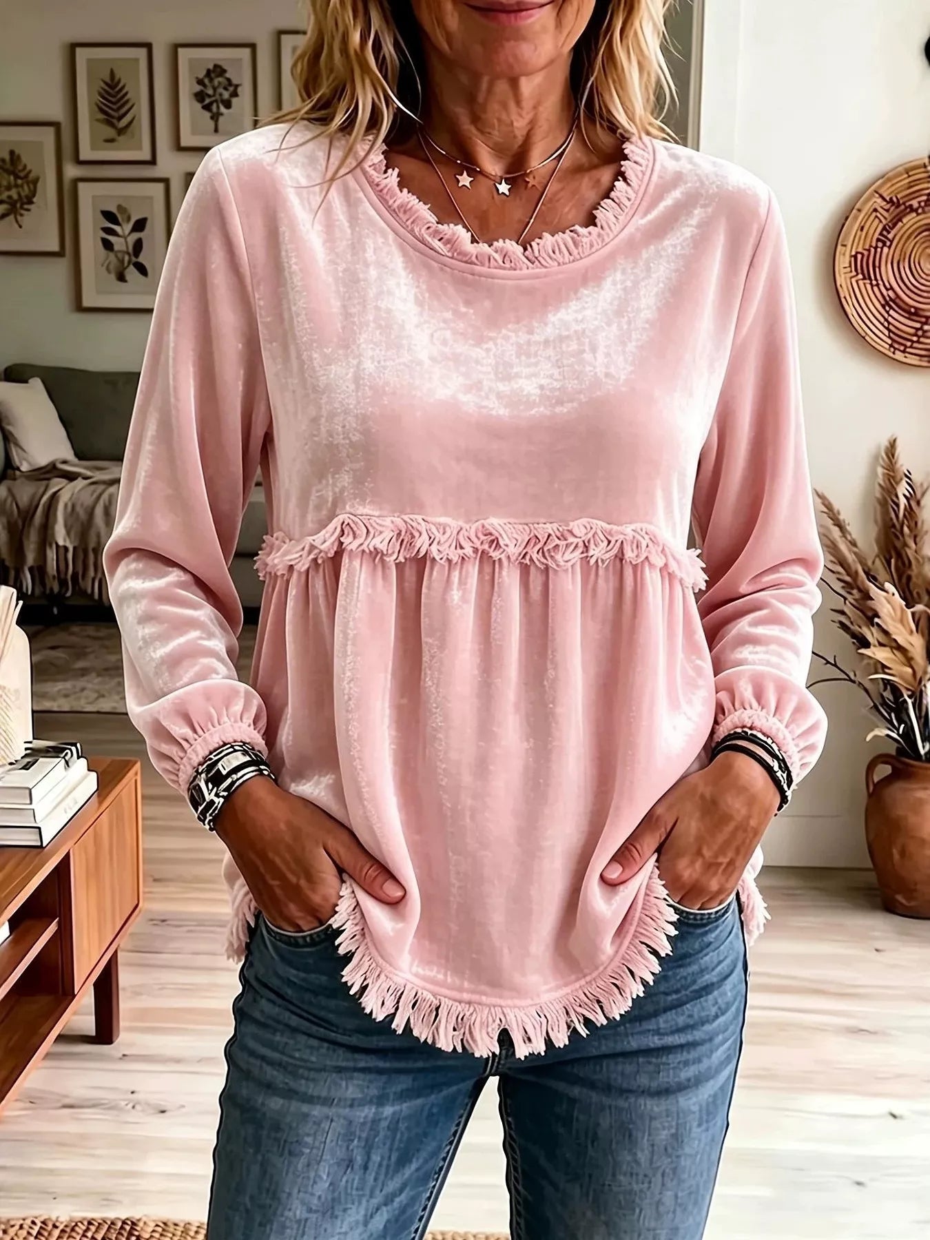 Velvet Fringe Long Sleeve Blouse