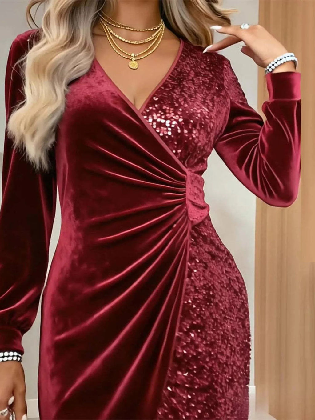 Velvet Sequin Long Sleeve Wrap Dress
